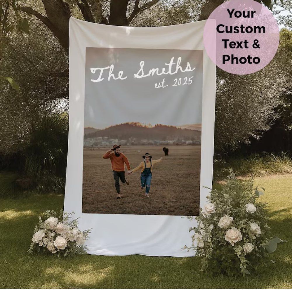 Custom Photo Wedding Fabric Welcome Banner, Custom Wedding Day Welcome Sign White Photo WD0494