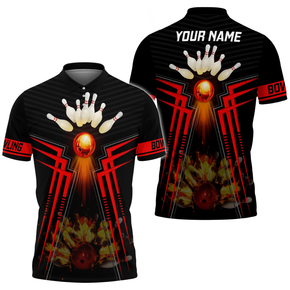 Custom Flame Red And Black Bowling Polo Shirt For Men, Custom Name Flame Bowling Team Shirts BZ0748