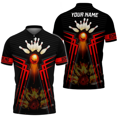 Custom Flame Red And Black Bowling Polo Shirt For Men, Custom Name Flame Bowling Team Shirts BZ0748