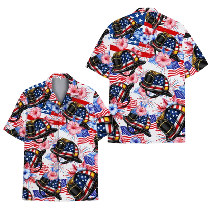 Firefighter Helmet American Flag Hawaiian Shirt For Men, Patriotic Firefighter Hawaiian Shirts HE0589