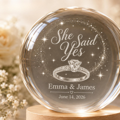 She Said Yes Custom Couple Egagement Crystall Ball Led Night Light, Custom Engagement Keepsake Night Light WD0859
