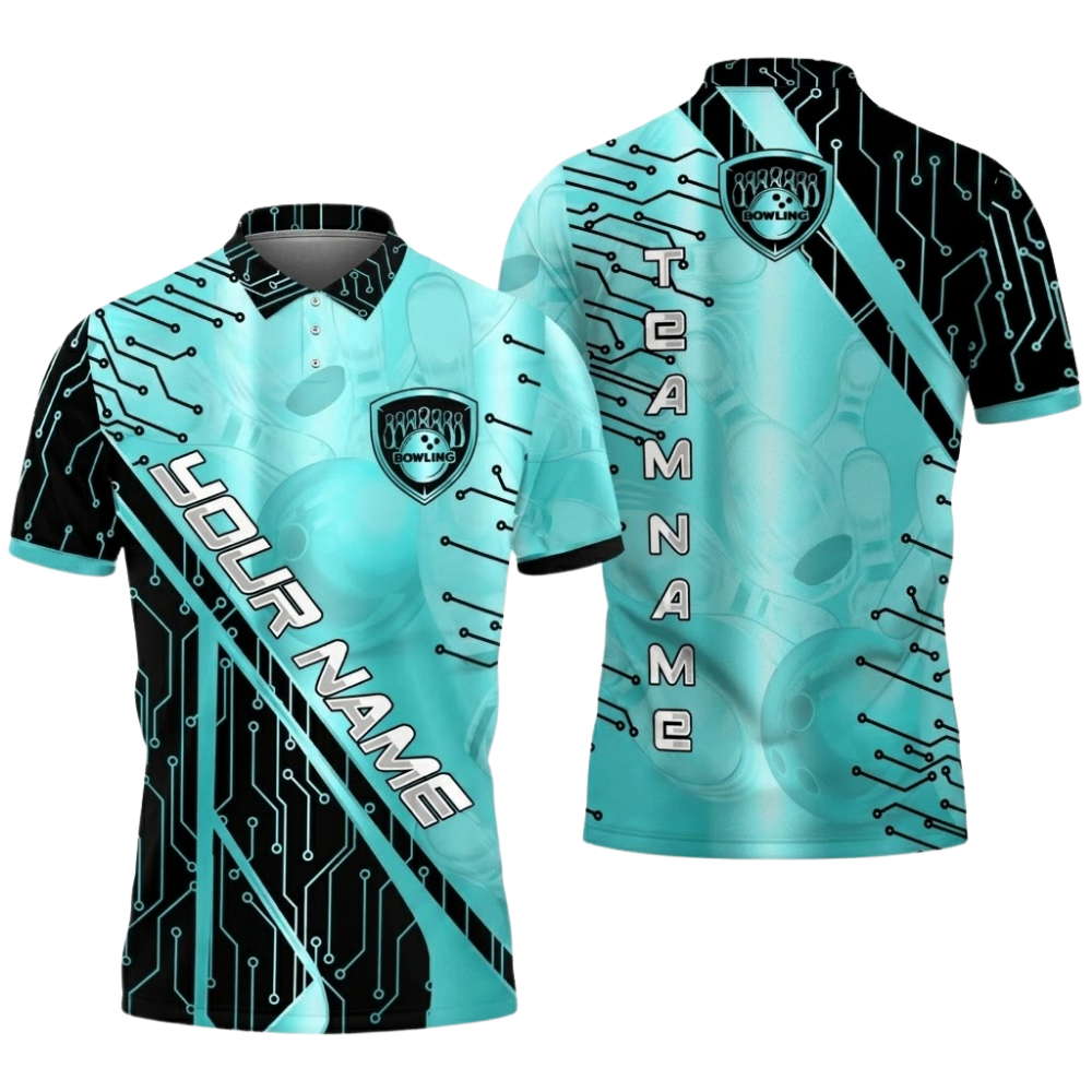 Electronic Circuit Custom Mens Cyan Black Bowling Polo Shirt, Custom Team Bowling Shirt BZ0780