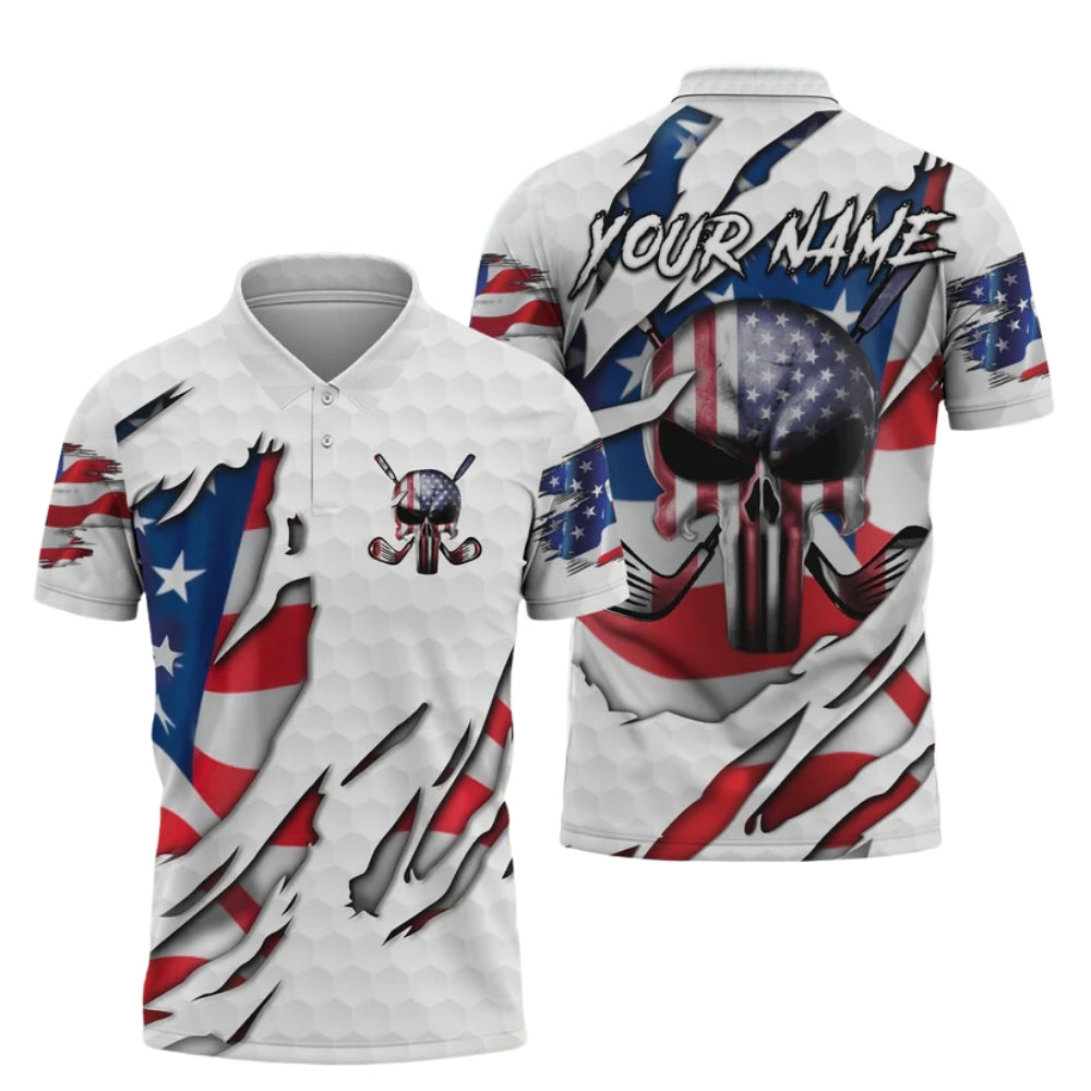 Custom Skull American Flag Golf Polo Shirt For Men, Custom Patriotic Skull Golf Shirts GZ0251