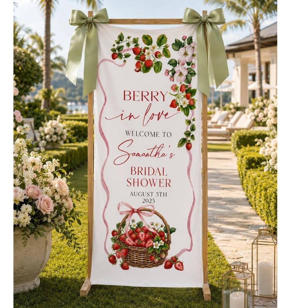 Berry In Lover Custom Strawberry Bridal Party Welcome Linen Banner, Custom Bridal Shower Welcome Sign WD0409