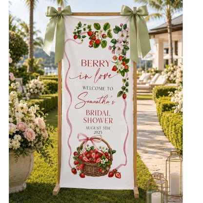 Berry In Lover Custom Strawberry Bridal Party Welcome Linen Banner, Custom Bridal Shower Welcome Sign WD0409