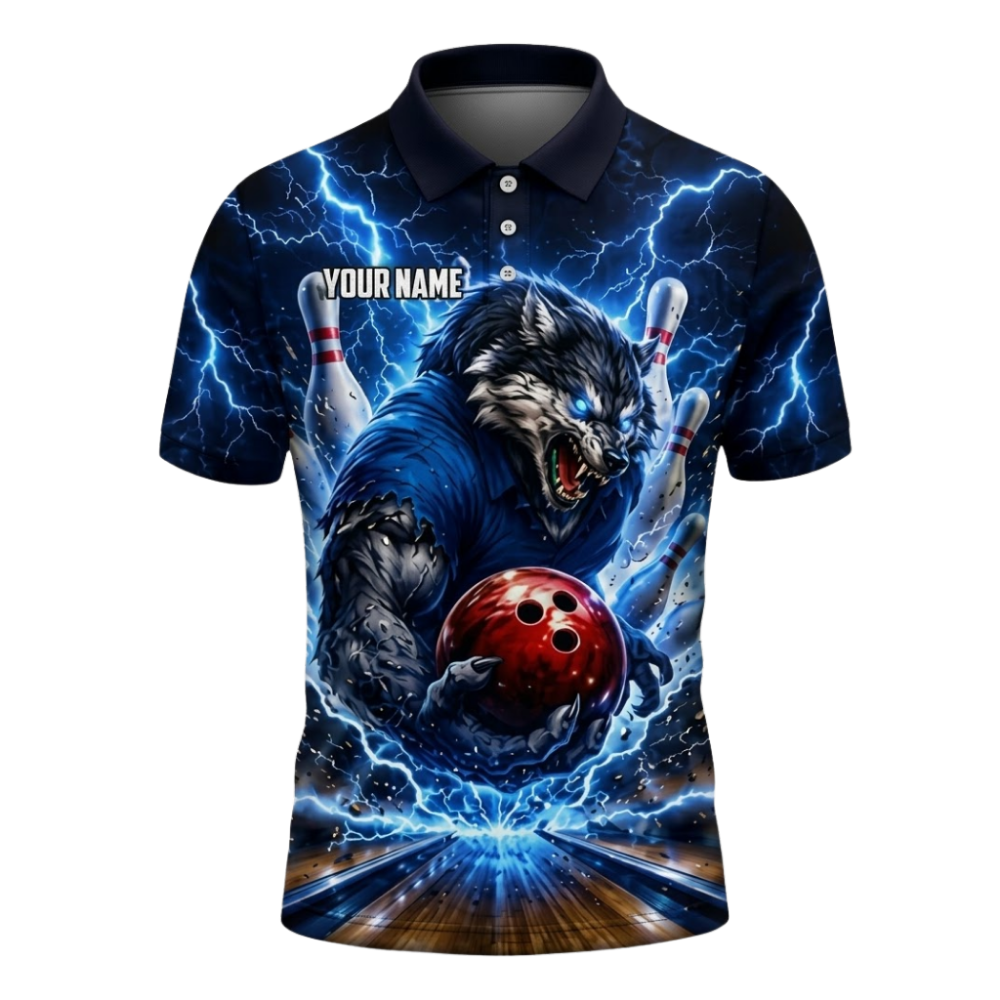 Custom Wolf Blue Lightning Bowling Polo Shirts For Men, Custom Wolf Bowling Team Shirts BZ1083