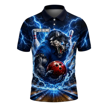 Custom Wolf Blue Lightning Bowling Polo Shirts For Men, Custom Wolf Bowling Team Shirts BZ1083