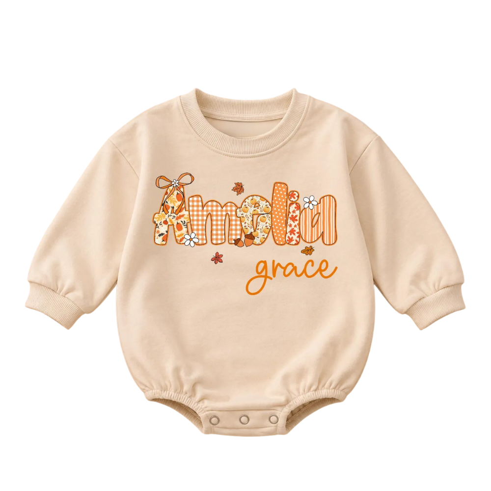 Custom Name Pumpkin Fall Baby Romper Sweatshirt, Custom Thanksgiving Baby Romper Sweater BB0861