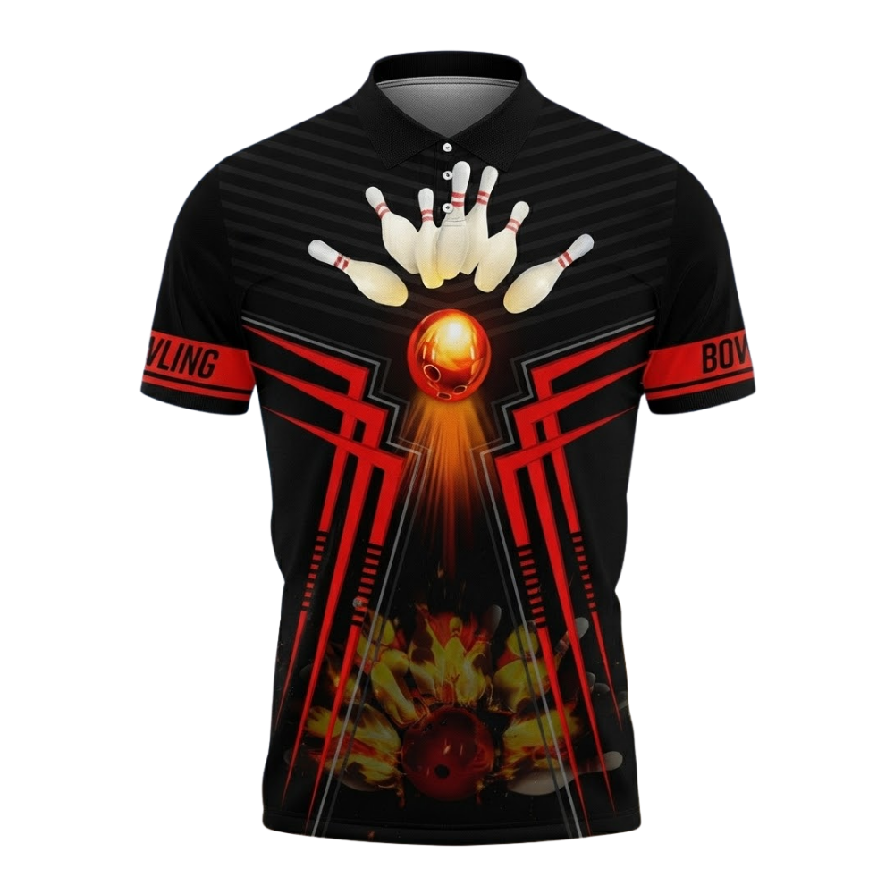 Custom Flame Red And Black Bowling Polo Shirt For Men, Custom Name Flame Bowling Team Shirts BZ0748