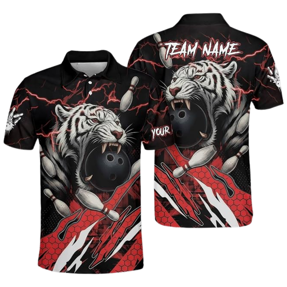 Custom Tiger Black And Red Bowling Polo Shirt For Men, Custom Tiger Bowling Team Shirts BZ0781