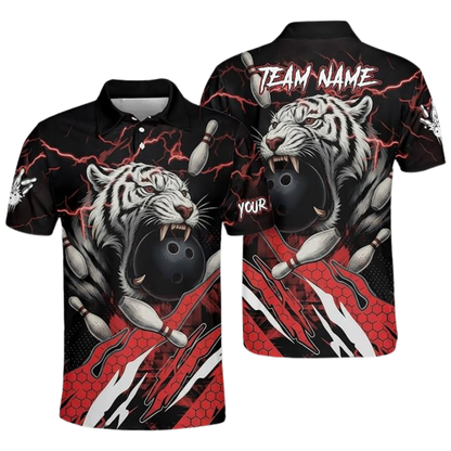 Custom Tiger Black And Red Bowling Polo Shirt For Men, Custom Tiger Bowling Team Shirts BZ0781
