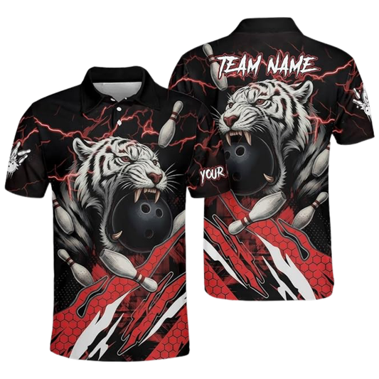 Custom Tiger Black And Red Bowling Polo Shirt For Men, Custom Tiger Bowling Team Shirts BZ0781