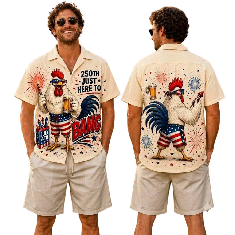 250th Just Here To Rooster Chicken Men's Hawaiian Shirt, Rooster 4th Of July Hawaiian Shirts HE0474
