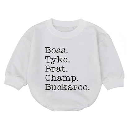 Boss Tyke Brat Champ Buckaroo Baby Romper Sweatshirt, Funny Nickname Baby Romper Sweatshirt BB0086
