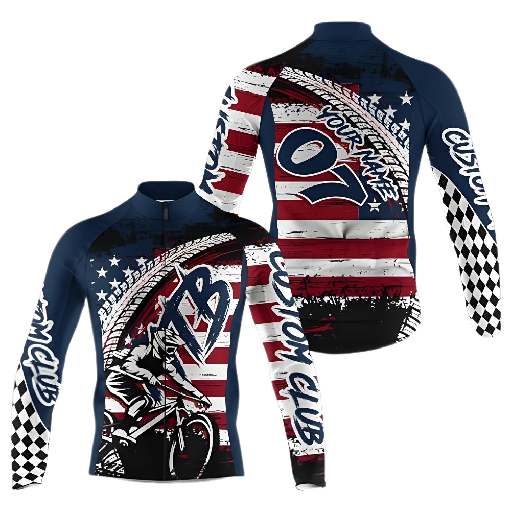 Custom USA Flag MTB Cycle Long Sleeve Jersey For Mens, Custom Patriotic Cycling MTB Jerseys For Team CZ0115
