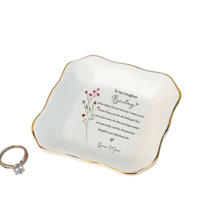 Personalized To My Daughter Floral Ring Dish From Mom Of Bride, Custom Wedding Jewelry Dish For Daughter WD0081