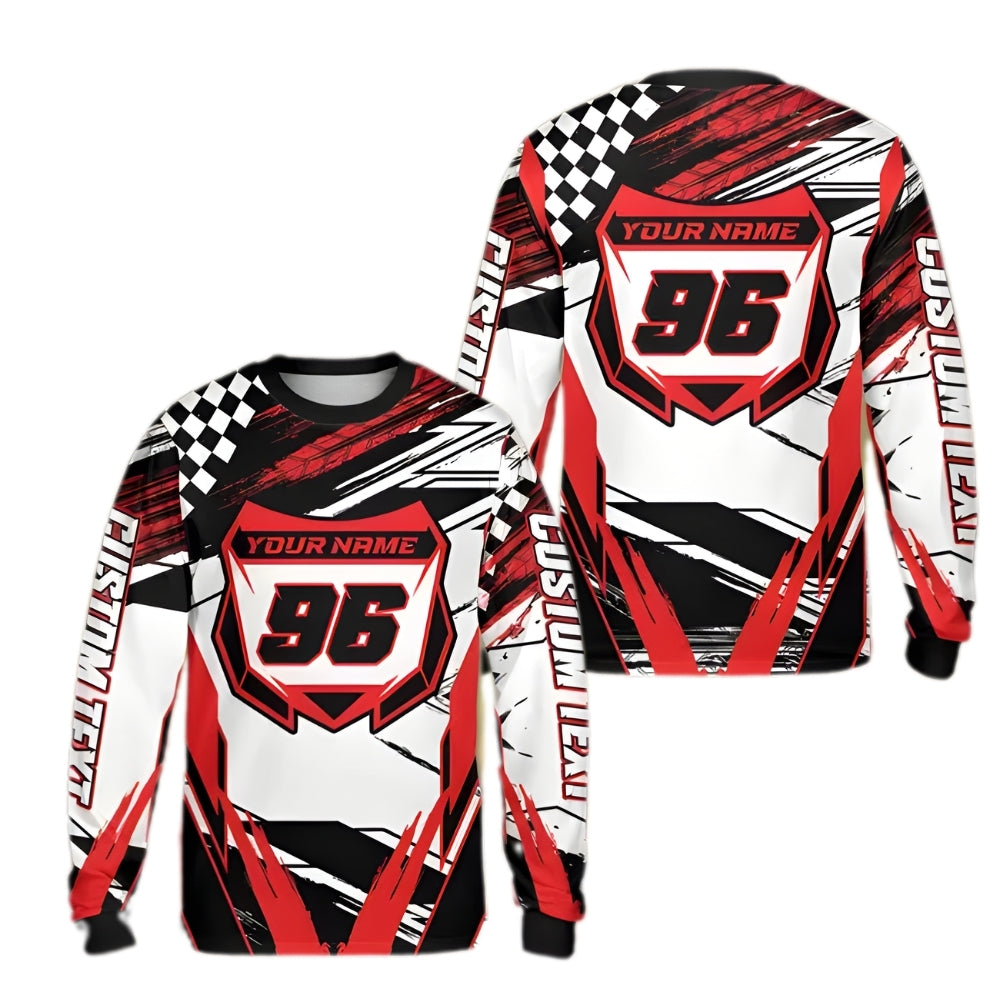 Custom Grunge Red And White Long Sleeve Dirt Bike Shirt For Men, Custom Name And Number Dirt Bike Jerseys ME0029