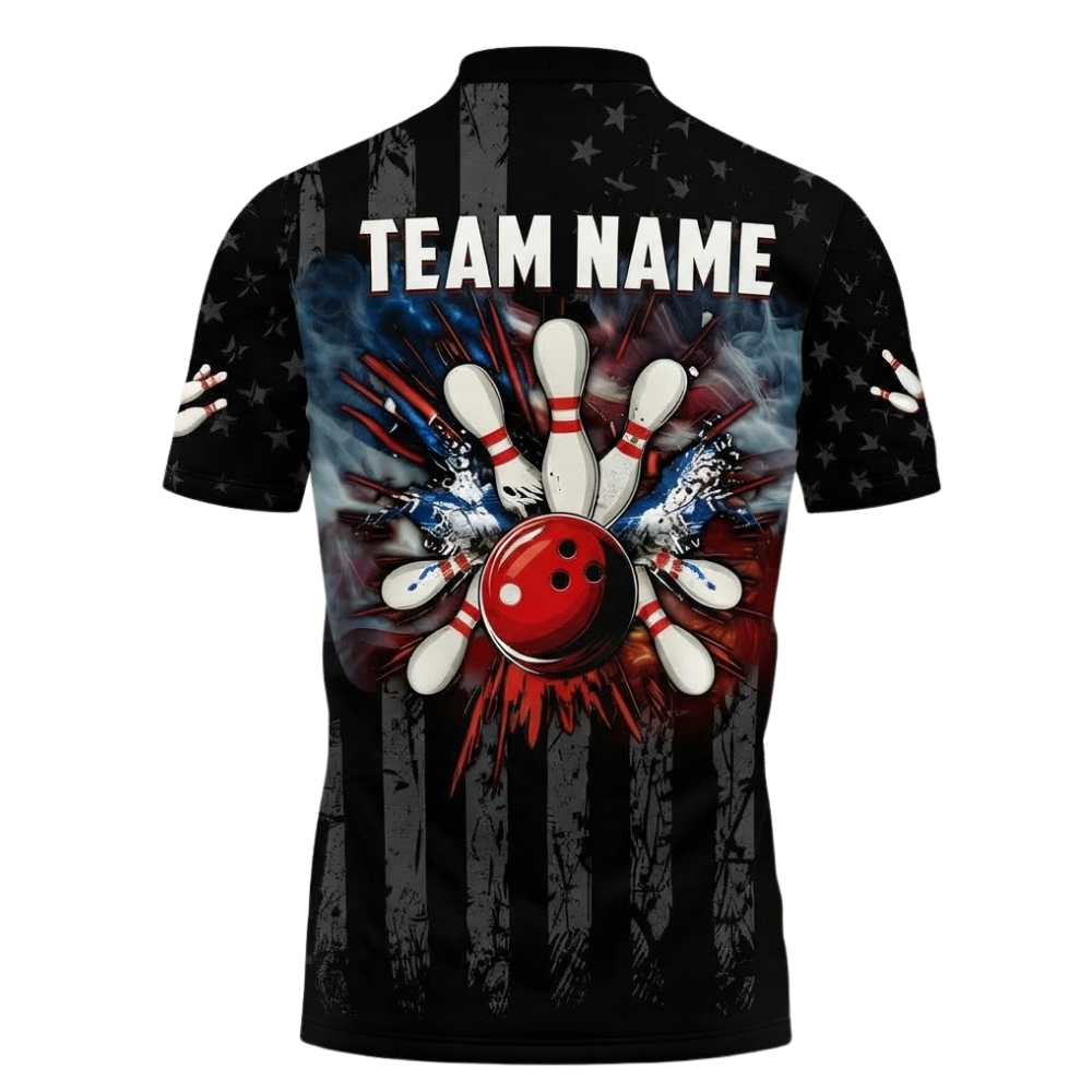 Custom American Flag Men's Black Bowling Polo Shirt, Custom Patriotic Bowling Shirt Team BZ0604