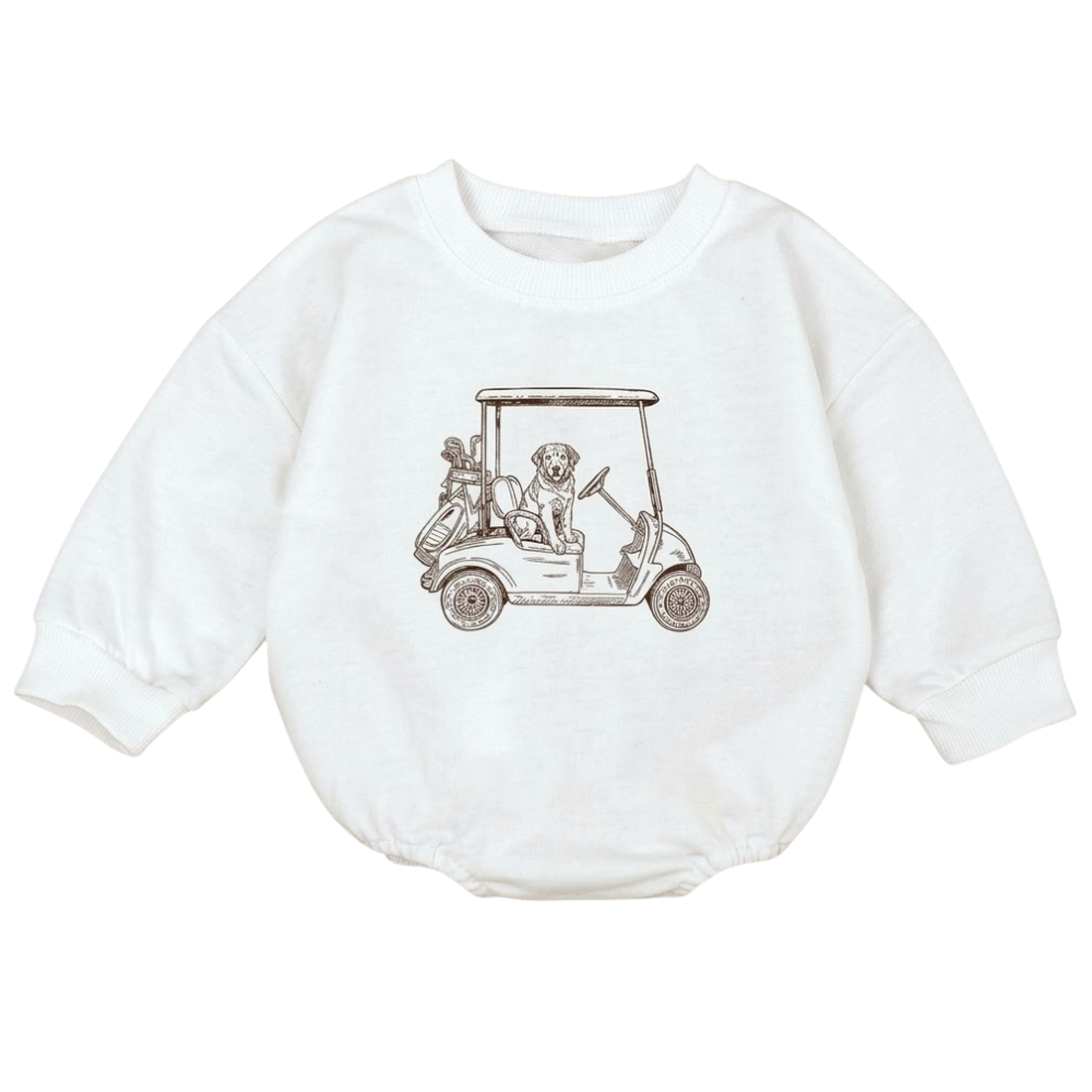 Golden Retriever Golf Cart Baby Romper Sweatshirt, Dog Golf Baby Sweatshirt BB0813