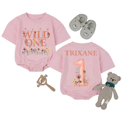 Personalized Wild One Floral 1st Birthday Baby T Shirt Romper, Custom Baby's Floral First Birthday Romper BB0259