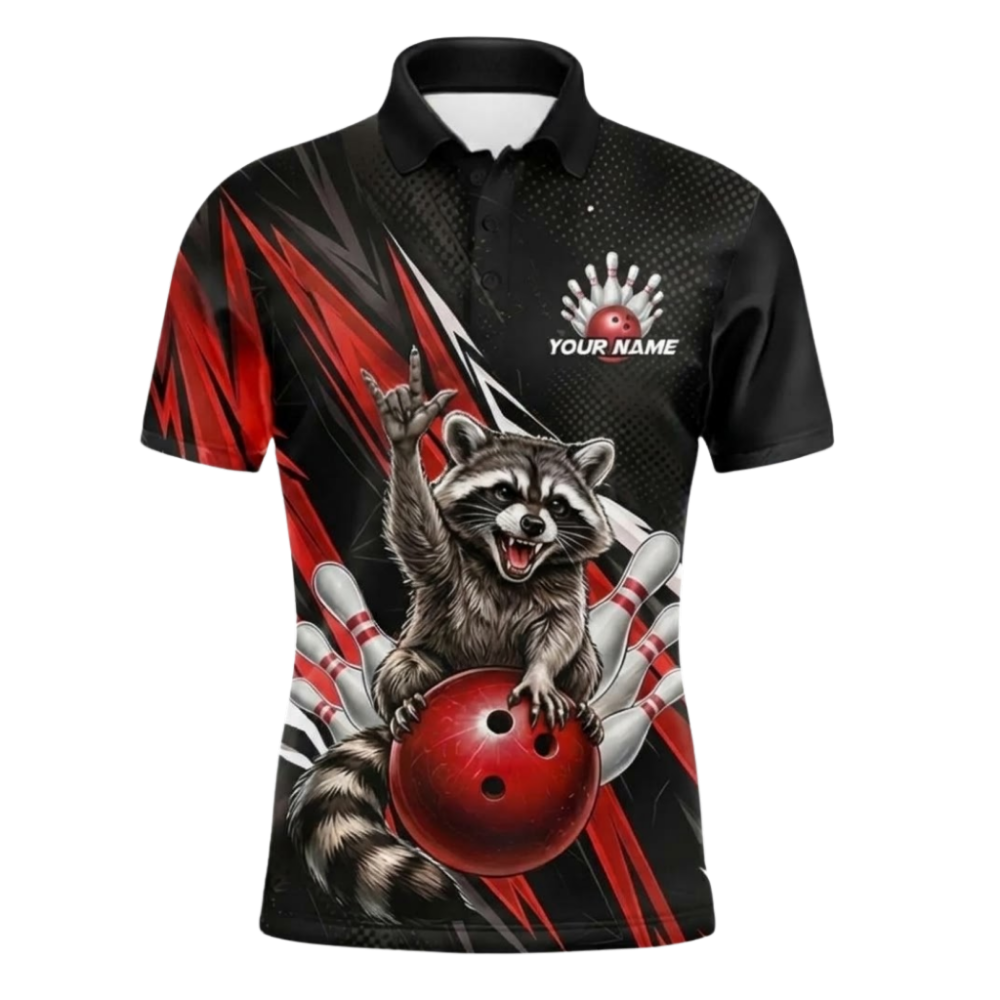Custom Raccoon Black Red Bowling Polo Shirts Mens, Custom Raccoon Bowling Team Shirts BE0272