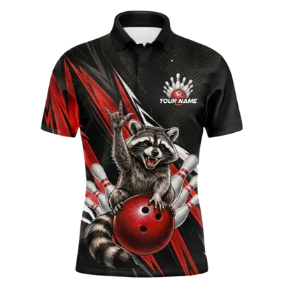 Custom Raccoon Black Red Bowling Polo Shirts Mens, Custom Raccoon Bowling Team Shirts BE0272