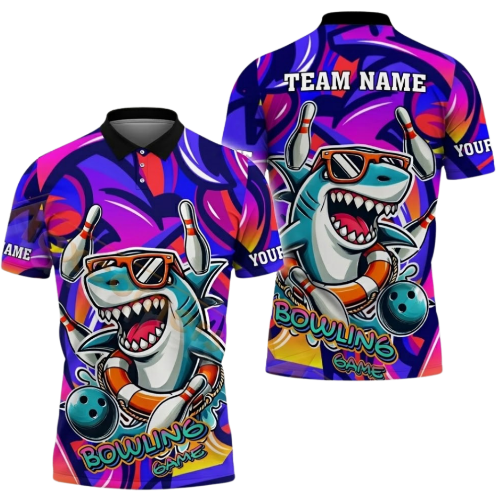 Funny Shark Custom Graffiti Bowling Mens Polo Shirt, Custom Shark Bowling Shirts Team BZ0665