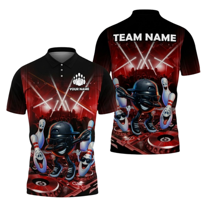 Custom Funny Ball DJ Bowling Polo Shirts Mens Black Blue, Custom Funny Bowling Shirt For Team BZ1086
