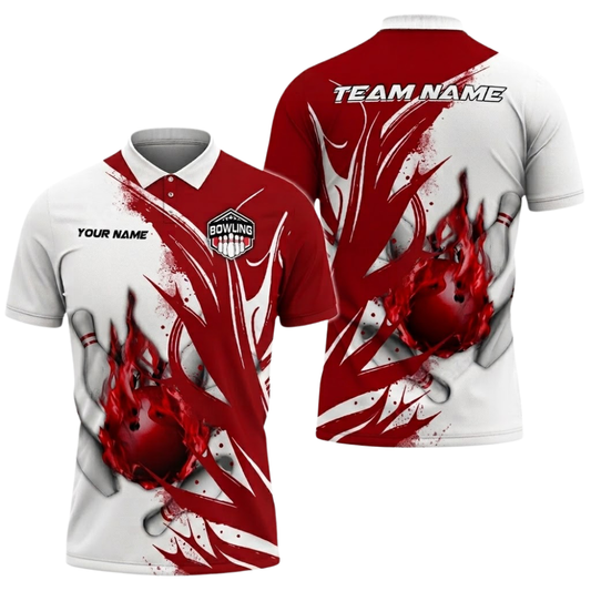 Fire Ball Custom Red And White Bowling Polo Shirt For Men, Custom Flame Bowling Team Shirts BZ0760