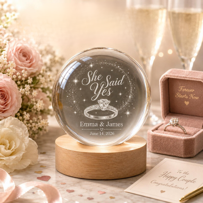 She Said Yes Custom Couple Egagement Crystall Ball Led Night Light, Custom Engagement Keepsake Night Light WD0859