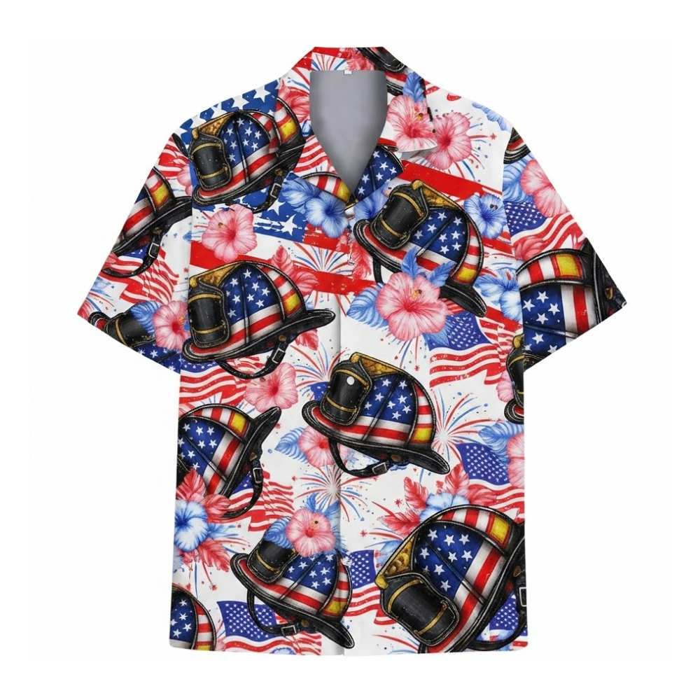 Firefighter Helmet American Flag Hawaiian Shirt For Men, Patriotic Firefighter Hawaiian Shirts HE0589