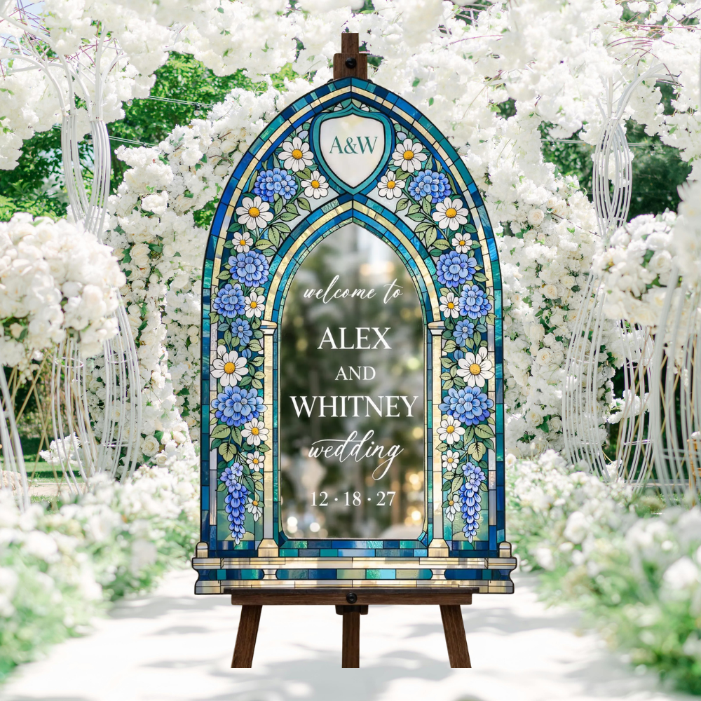 Custom Floral Stained Glass Wedding Welcome Acrylic Sign, Custom Flower Stained Glass Sign For Wedding WD0742