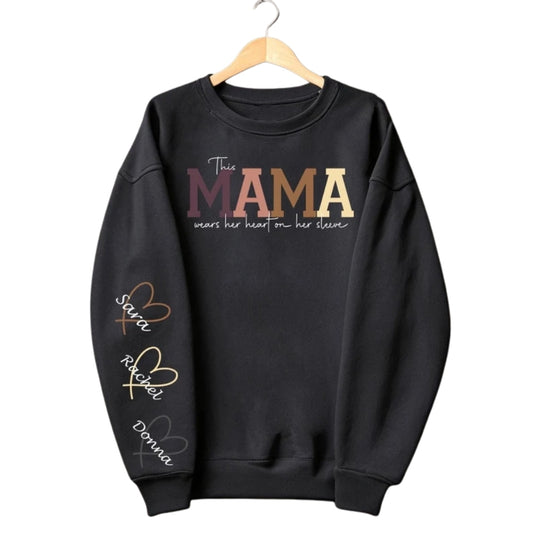 This Mama Wears Her Heart On Her Sleeve Custom Kids Names Sweatshirt, Custom Mama Heart Sleeve Sweatshirt 2D0824