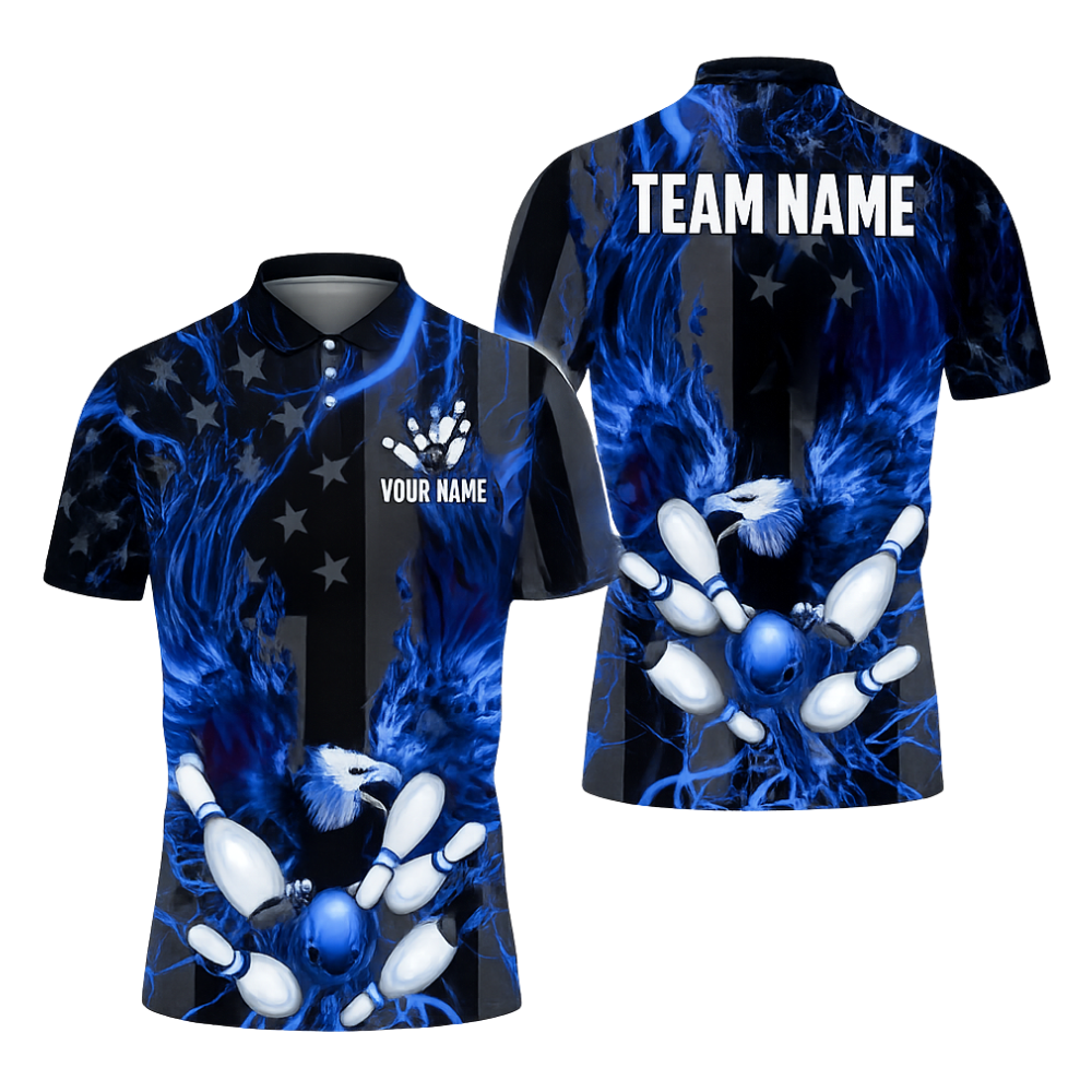 Custom Eagle USA Flag Men's Black Blue Bowling Polo Shirt, Custom Eagle Bowling Team Shirts BZ0442