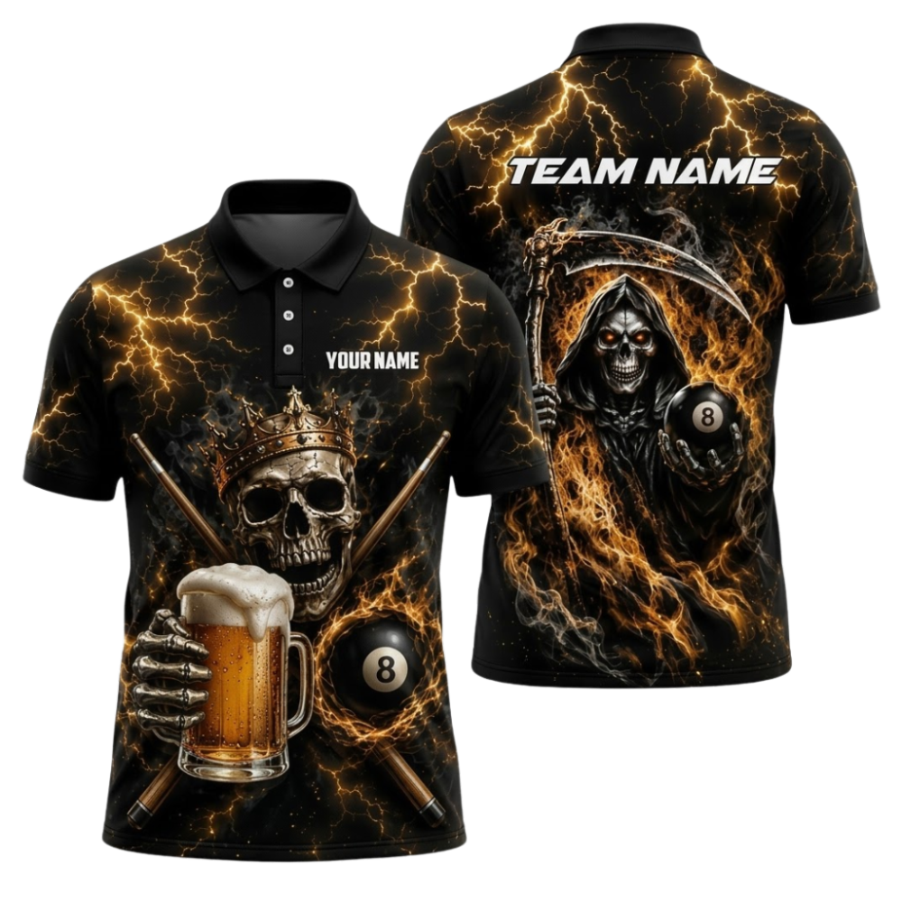 Custom Skull Beer 8 Ball Polo Shirt For Men, Custom Skull 8 Ball Pool Team Shirt BIZ0335
