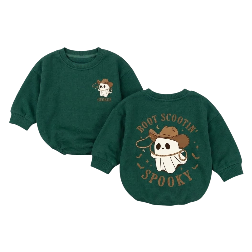 Personalized Boot Scootin Spooky Cowboy Cowgirl Baby Romper Sweatshirt, Custom Western Halloween Baby Romper Sweatshirt BB0047