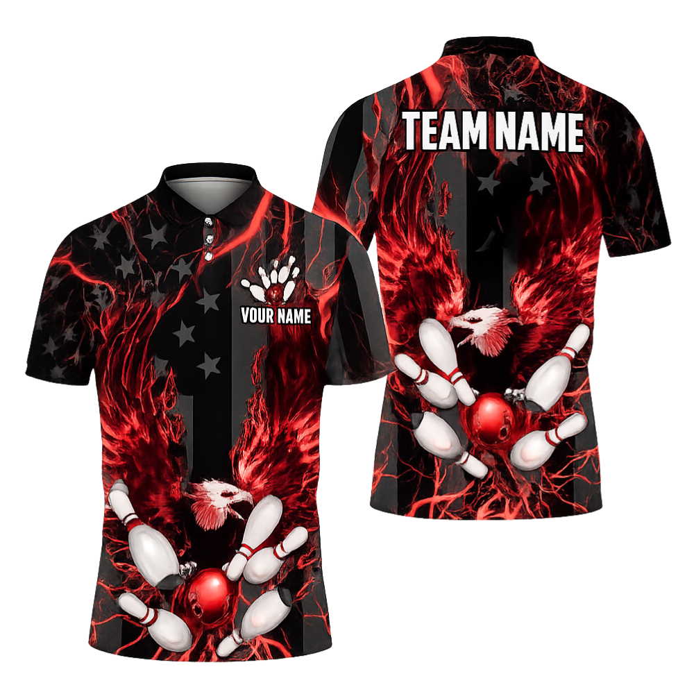 Custom Eagle USA Flag Men's Black Blue Bowling Polo Shirt, Custom Eagle Bowling Team Shirts BZ0442