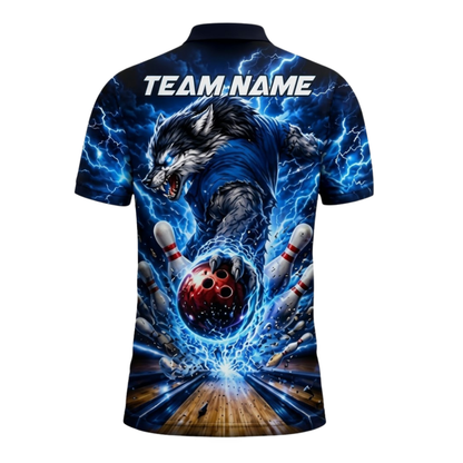 Custom Wolf Blue Lightning Bowling Polo Shirts For Men, Custom Wolf Bowling Team Shirts BZ1083
