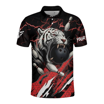 Custom Tiger Black And Red Bowling Polo Shirt For Men, Custom Tiger Bowling Team Shirts BZ0781