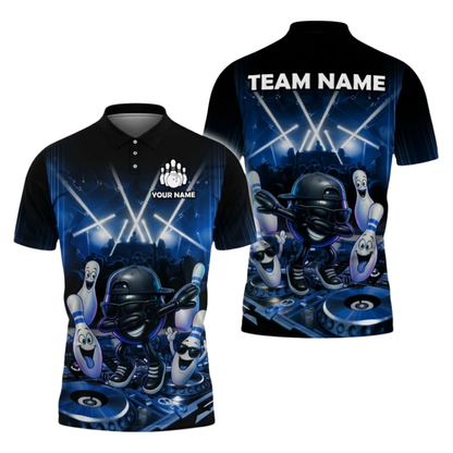 Custom Funny Ball DJ Bowling Polo Shirts Mens Black Blue, Custom Funny Bowling Shirt For Team BZ1086