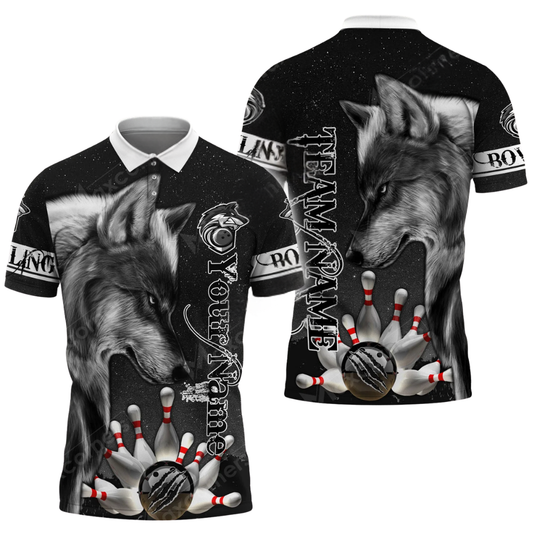 Custom Wolf Black Grey Mens Bowling Polo Shirt, Custom Wolf Team Bowling Shirts BZ0600