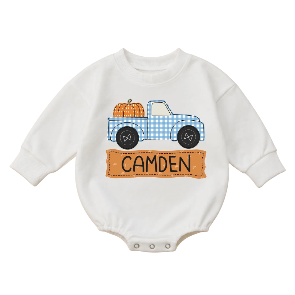 Custom Pumpkin Truck Gingham Baby Romper Sweatshirt, Custom Thanksgiving Fall Baby Romper Sweater BB0862