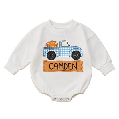 Custom Pumpkin Truck Gingham Baby Romper Sweatshirt, Custom Thanksgiving Fall Baby Romper Sweater BB0862