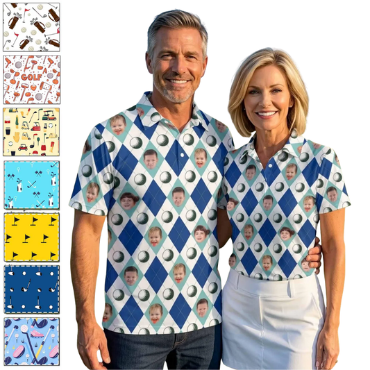 Custom Photo Argyle Couple Matching Golf Polo Shirt, Custom Face Golf Shirt For Men And Women GE0570