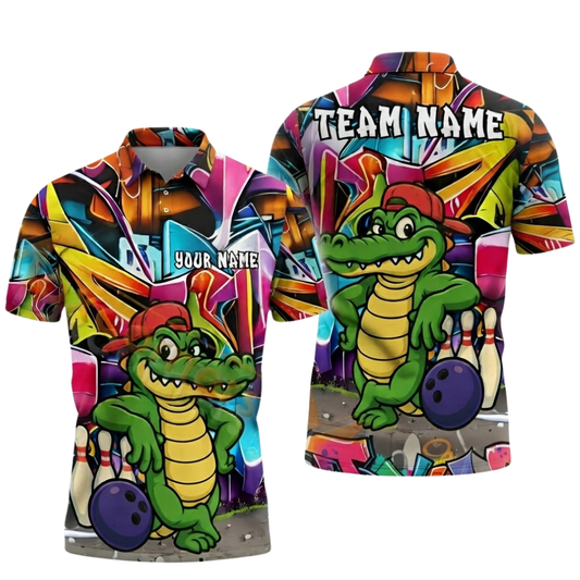 Custom Funny Alligator Graffiti Bowling Mens Polo Shirt, Custom Alligator Bowling Team Shirts BZ0526