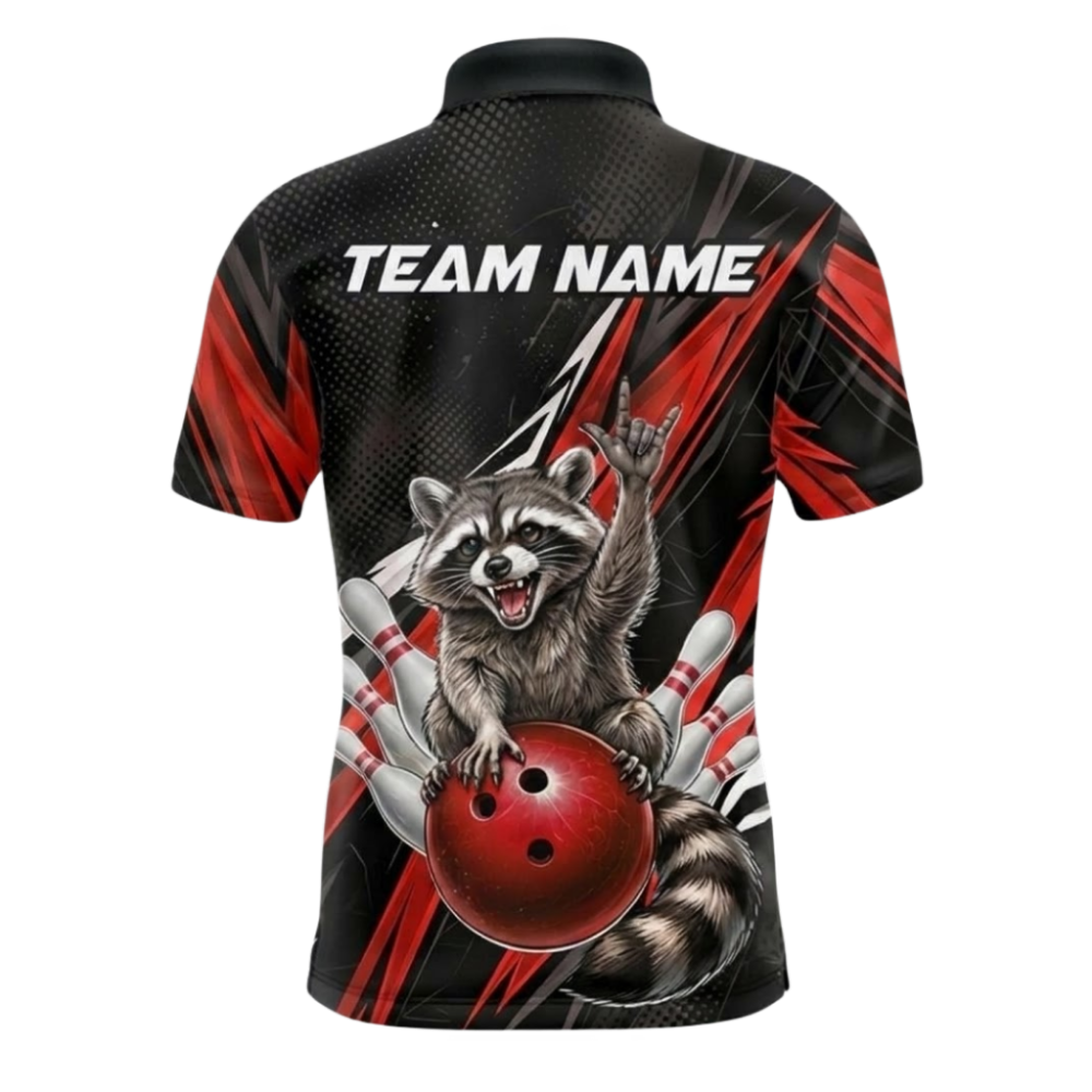 Custom Raccoon Black Red Bowling Polo Shirts Mens, Custom Raccoon Bowling Team Shirts BE0272