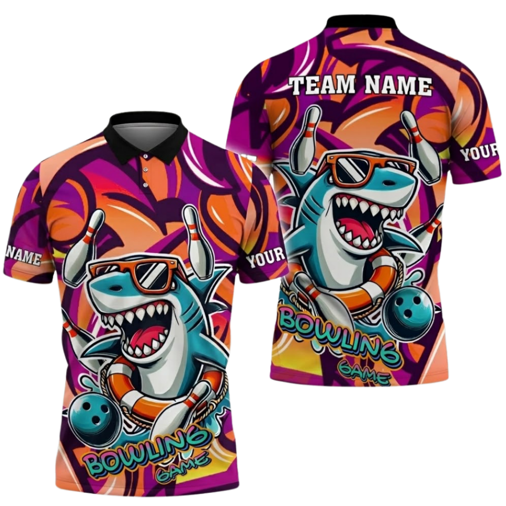 Funny Shark Custom Graffiti Bowling Mens Polo Shirt, Custom Shark Bowling Shirts Team BZ0665