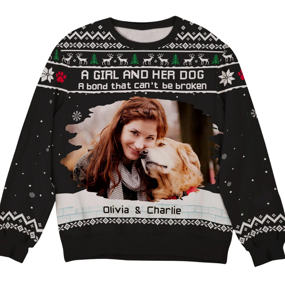 A Girl And Her Dog Custom Photo Ugly Christmas Sweater, Custom Dog Lover Christmas Sweatshirt 2D1216
