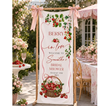 Berry In Lover Custom Strawberry Bridal Party Welcome Linen Banner, Custom Bridal Shower Welcome Sign WD0409