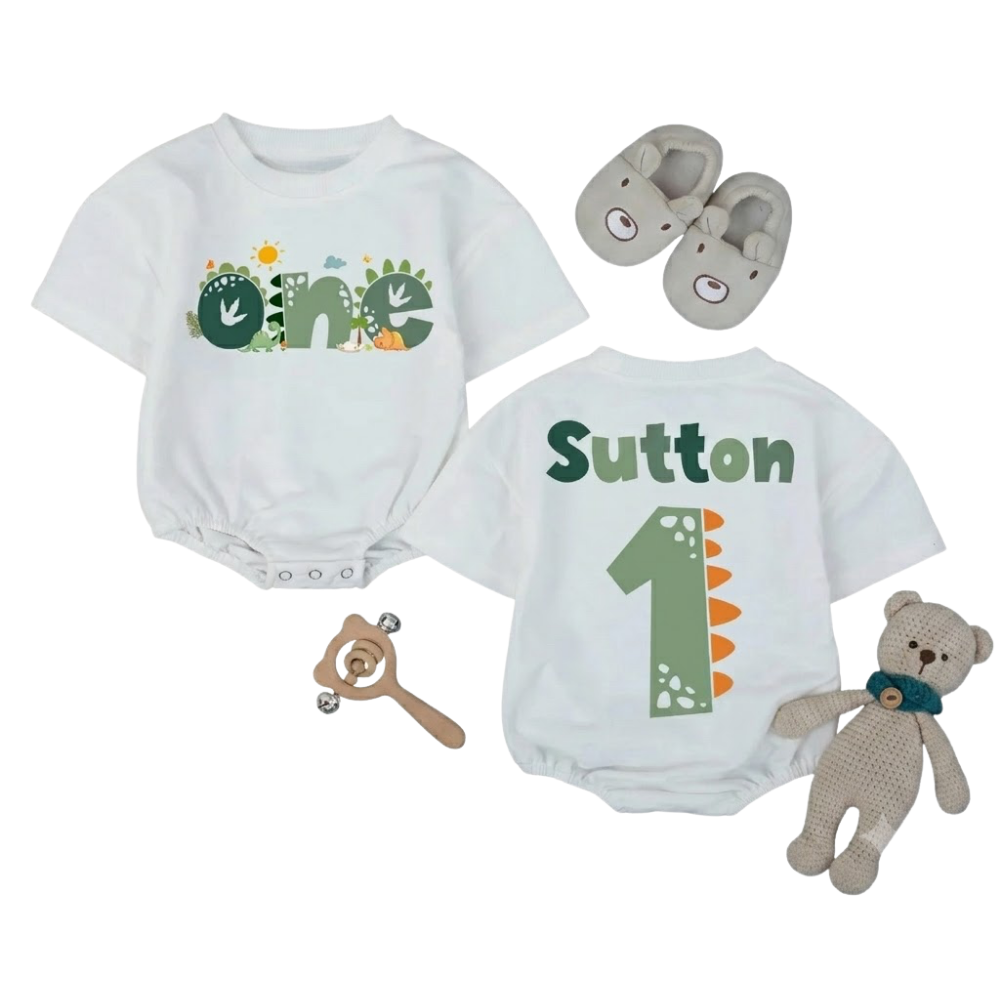Personalized Dinosaur One Birthday Baby T Shirt Romper, Custom Dinosaur 1st Birthday Baby Romper BB0263